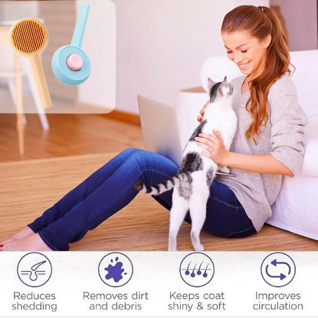 Blue pet grooming brush with angled metal bristles and self-cleaning button for cats and dogs