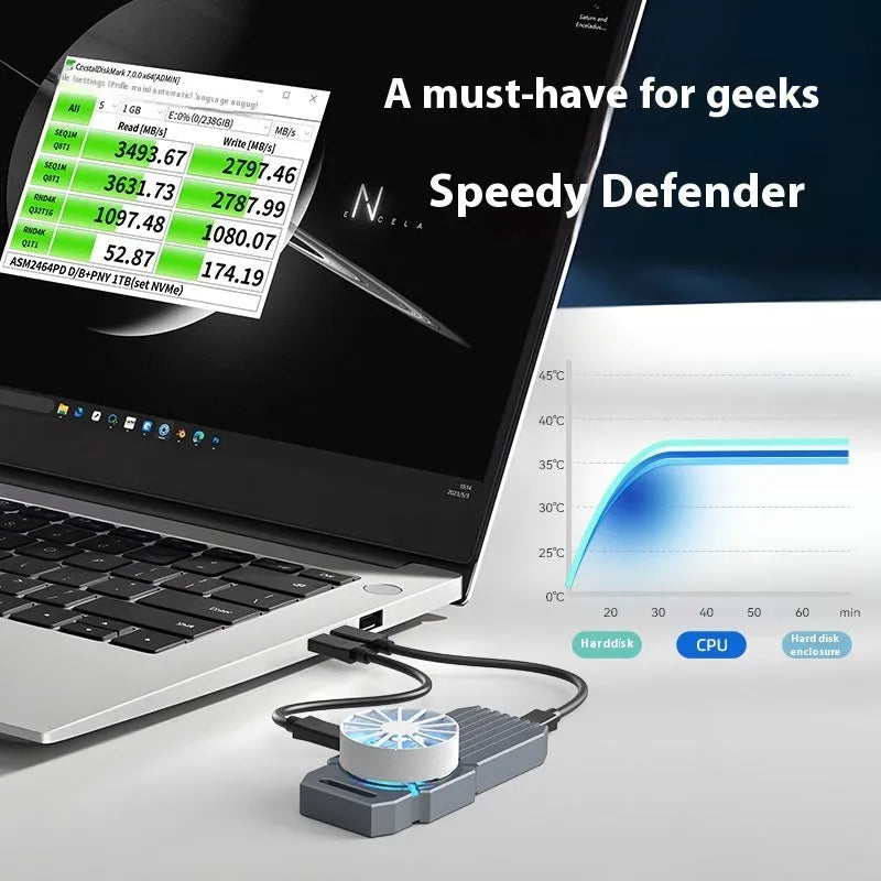 Silver aluminium USB4.0 external hard drive enclosure for NVMe M.2 SSDs, shown next to its packaging.