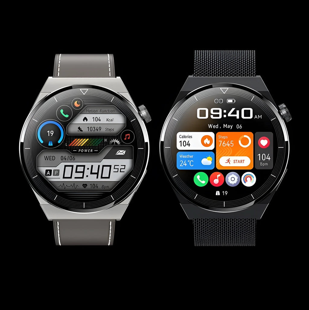 Black Bluetooth smart watch with circular dial and silicone band showing NFC access control and call functionality