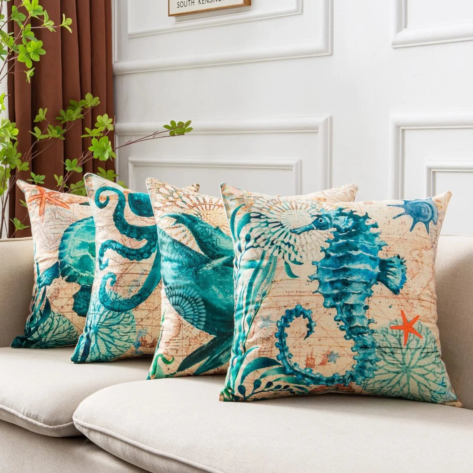 Sea turtle printed linen cushion cover 45x45cm with invisible zipper on sofa