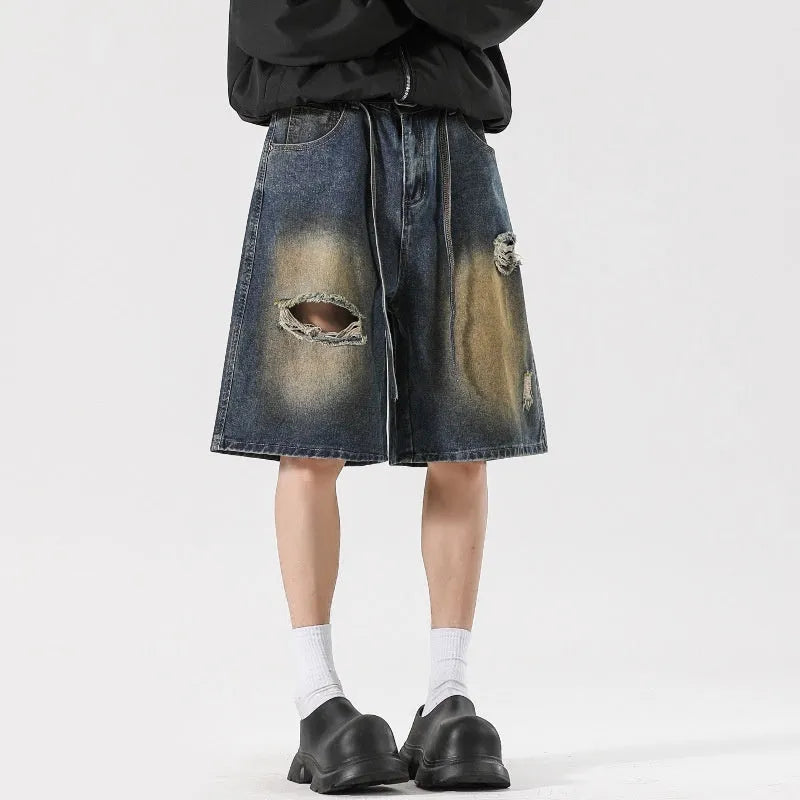 American High Street old ripped jeans in retro blue, loose fit cotton denim, men's street style pants