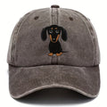 Retro washed cotton baseball cap with embroidered dachshund print, dome crown, size M 56-58cm