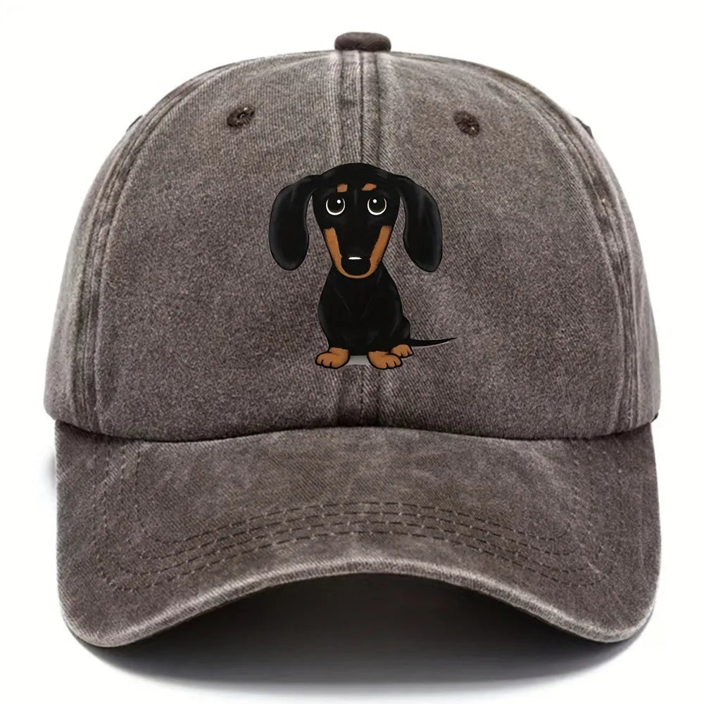 Retro washed cotton baseball cap with embroidered dachshund print, dome crown, size M 56-58cm