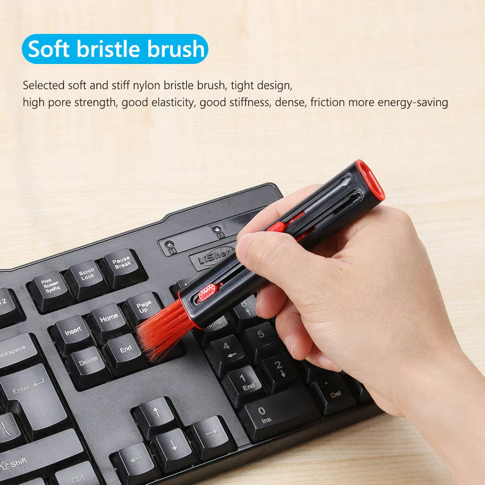 Cleaning pen for AirPods and Bluetooth earbuds with four heads including brush and sponge, in black and red colour