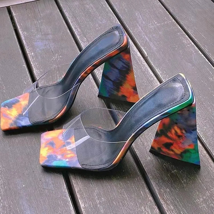 Women's solid colour square toe triangle heel thick high heel slippers in black with PU upper and rubber sole