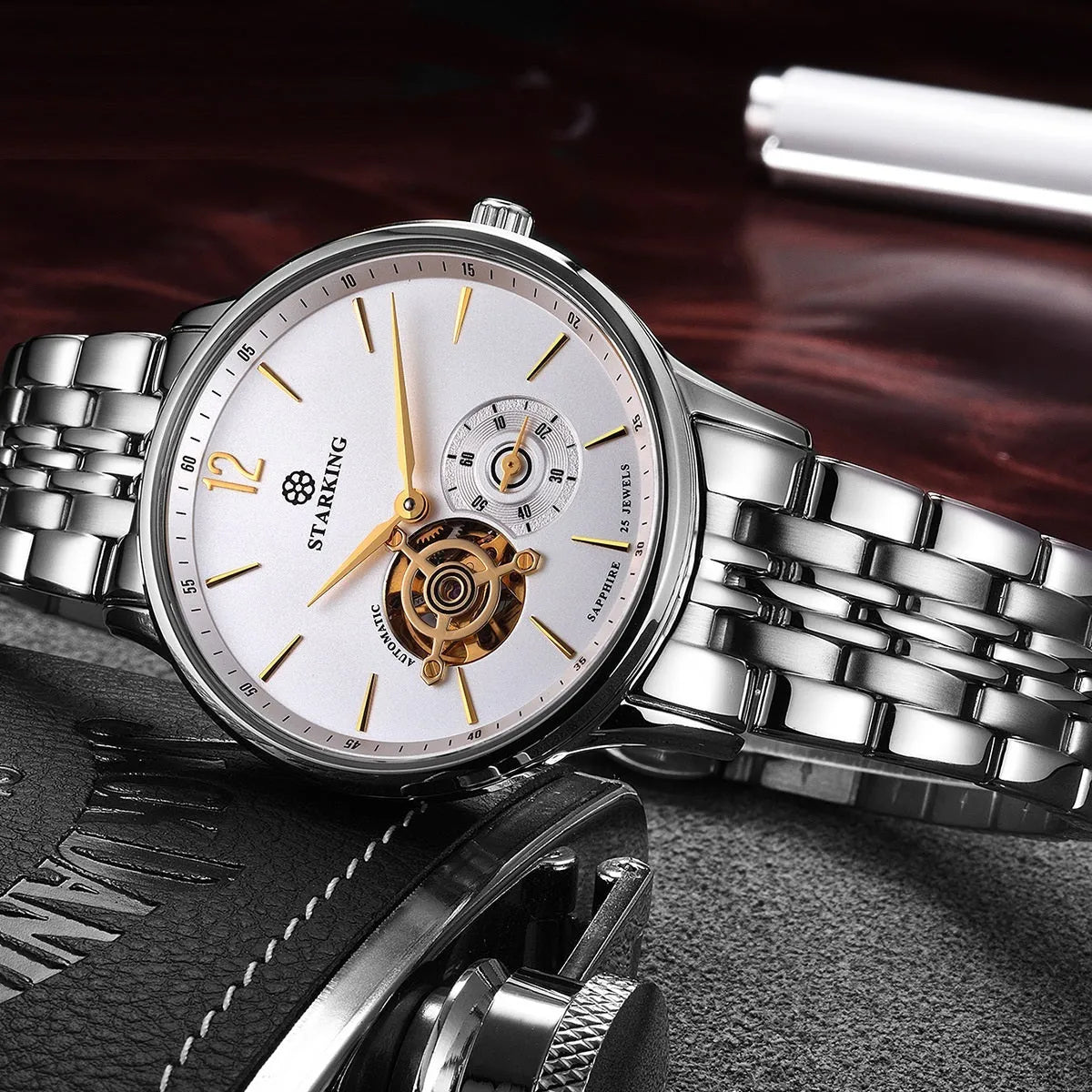 Automatic mechanical men's business watch with hollow dial on brown leather strap