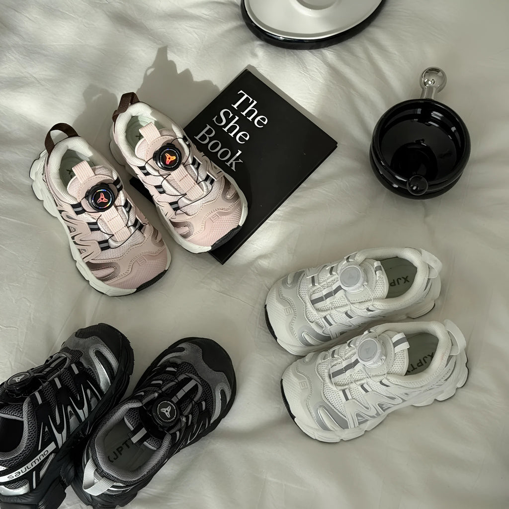 Kids' casual shoes in black, beige, or pink with a lightweight PU leather mesh upper.