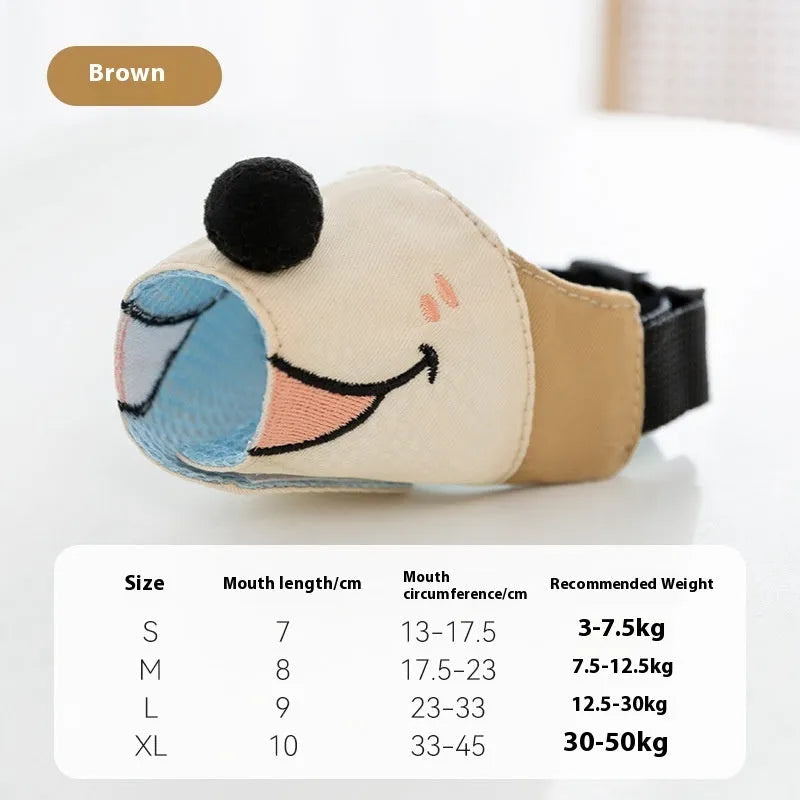 Canvas dog muzzle mouth cover in Ollie Brown Bear and Bondi Blue Shark colours, shown in sizes S, M, L, and XL.
