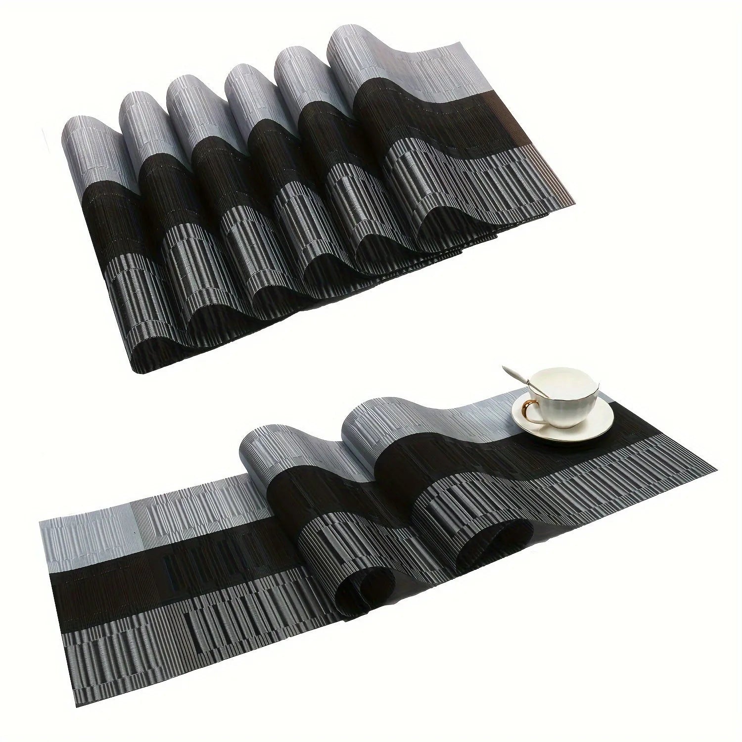 PVC non-slip placemat in gradient bamboo black on a kitchen countertop.