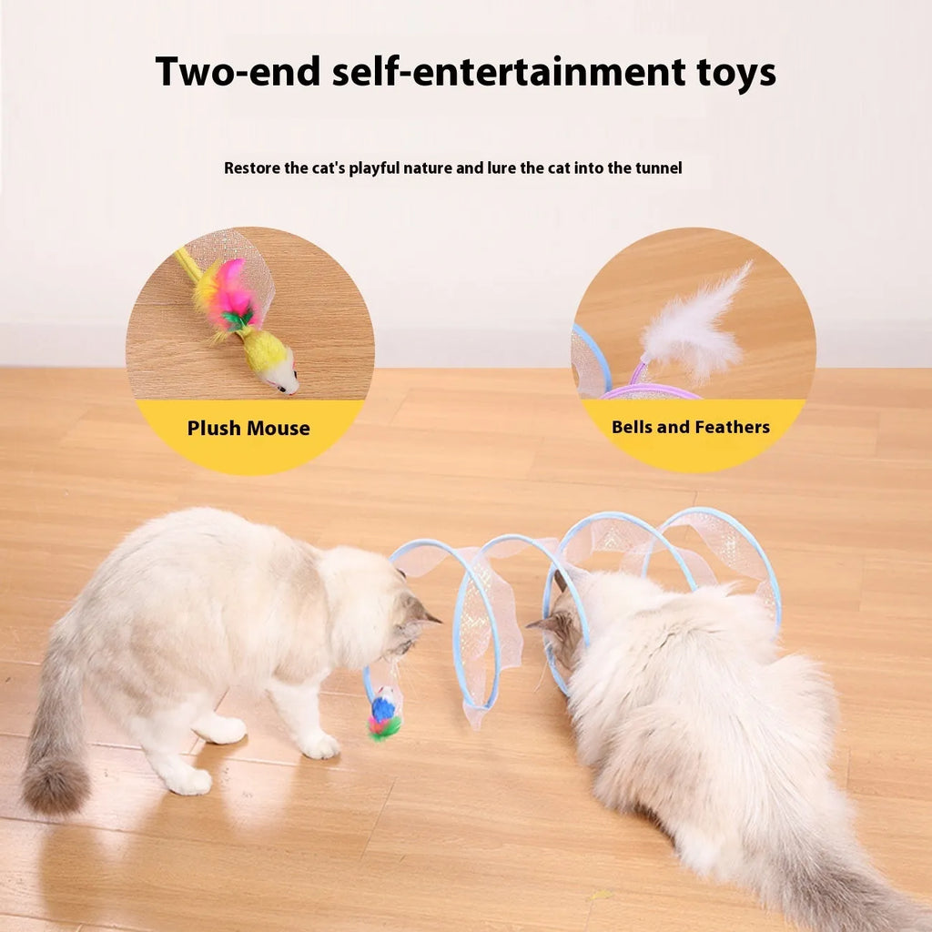 S-type cat tunnel with steel wire frame and elastic net walls, featuring attached feather toys, on a wooden floor