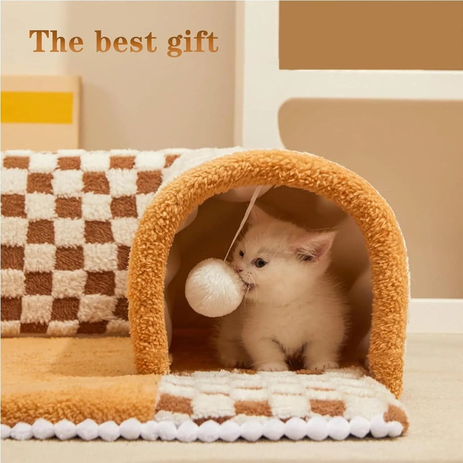Plush plaid cat tunnel bed with central mat for indoor cats, brown colour, non-slip bottom