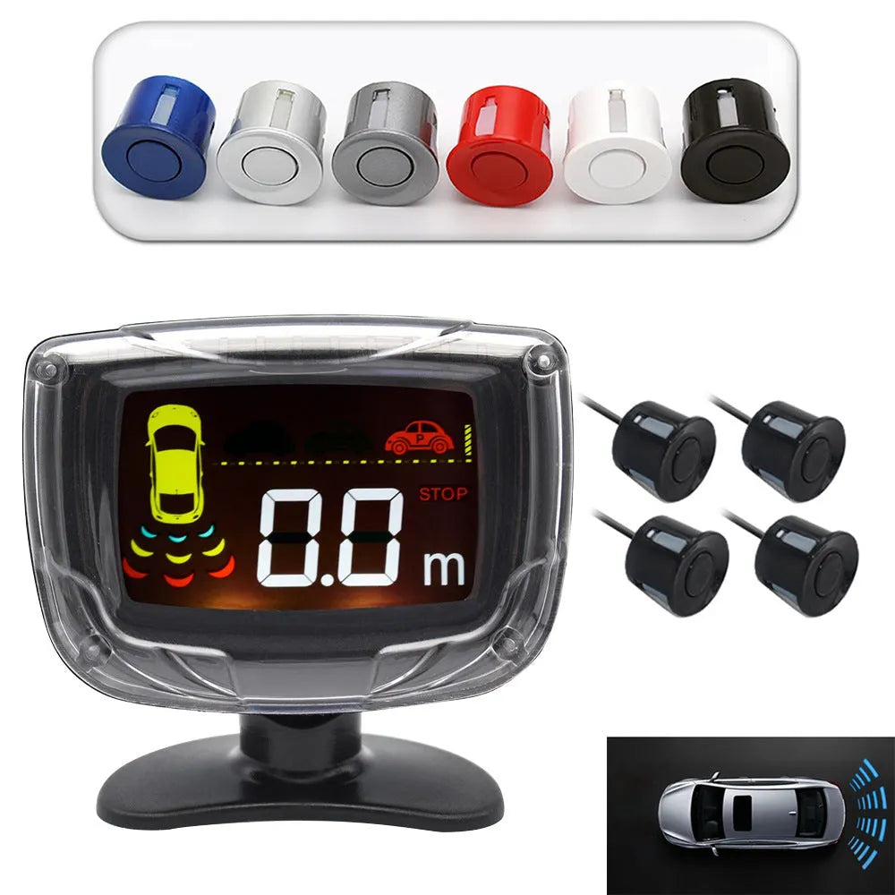 Wireless vehicle reversing sensor kit with LED display unit, four colour probes, power cable, and installation tools.