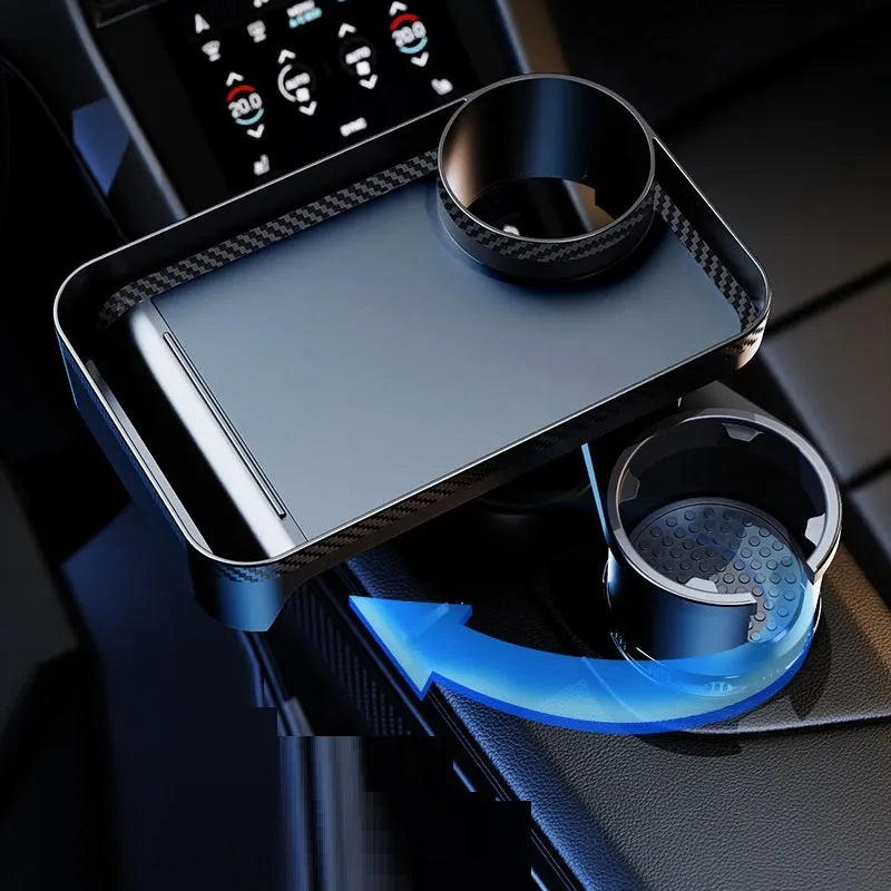 Black car-mounted 360-degree rotating dinner tray holder inserted in vehicle cup holder