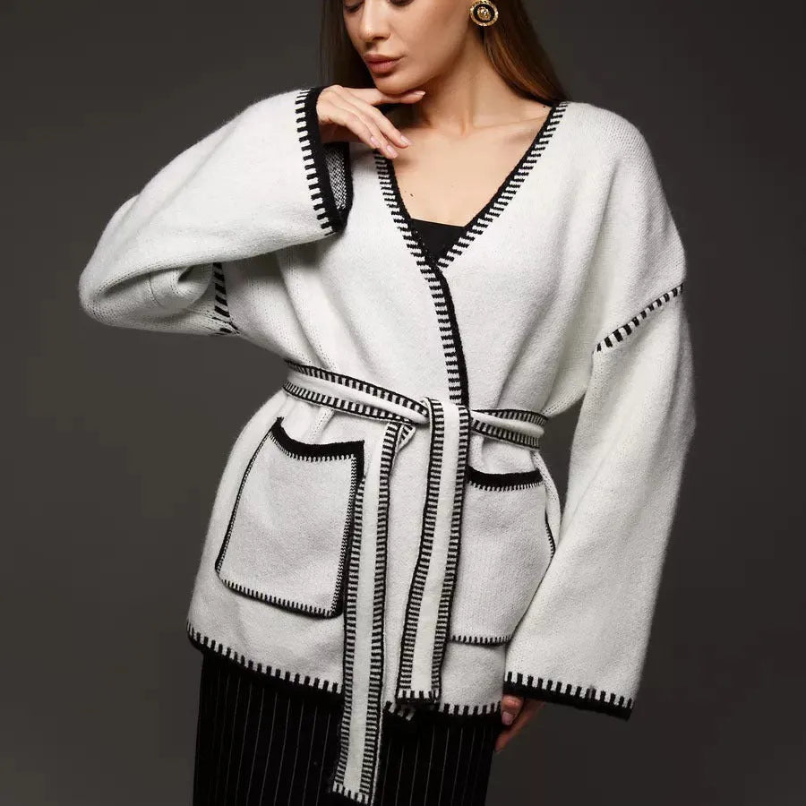 Lace-up front knitted cardigan sweater coat in imitation cashmere cotton fabric