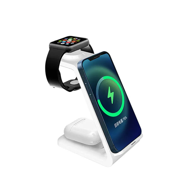 White 3-in-1 upright wireless charger with phone holder showing Type-C cable connection