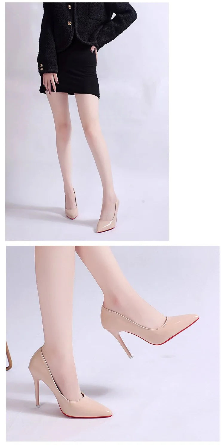 Women's black pointed toe stiletto pump with a shallow cut, shown on a white background.