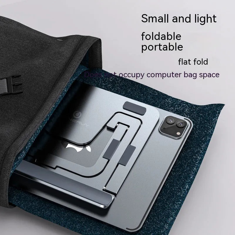 Foldable aluminum alloy tablet and phone holder stand in P63 dark gray on a desk
