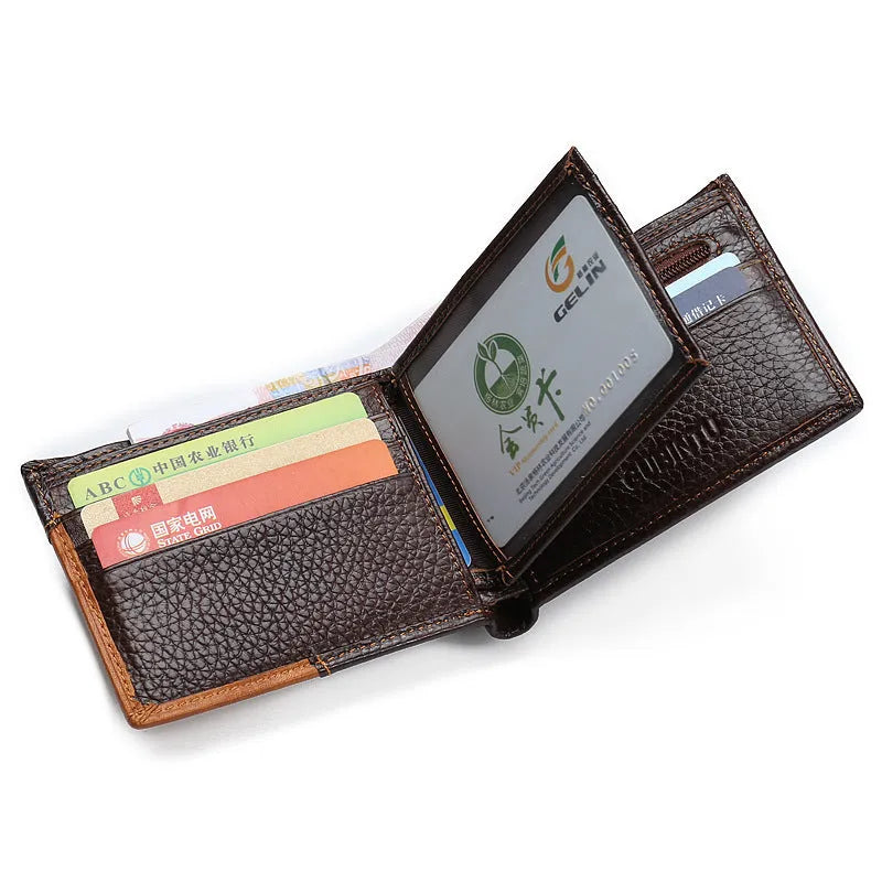 Men's brown leather wallet with contrast stitching, open to show card slots, bill compartment, and a zippered section.