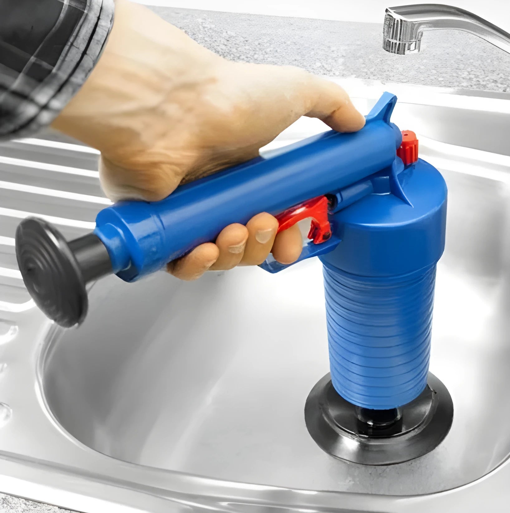 High-pressure plastic drain blaster gun with four suction cup adaptors for unblocking pipes.