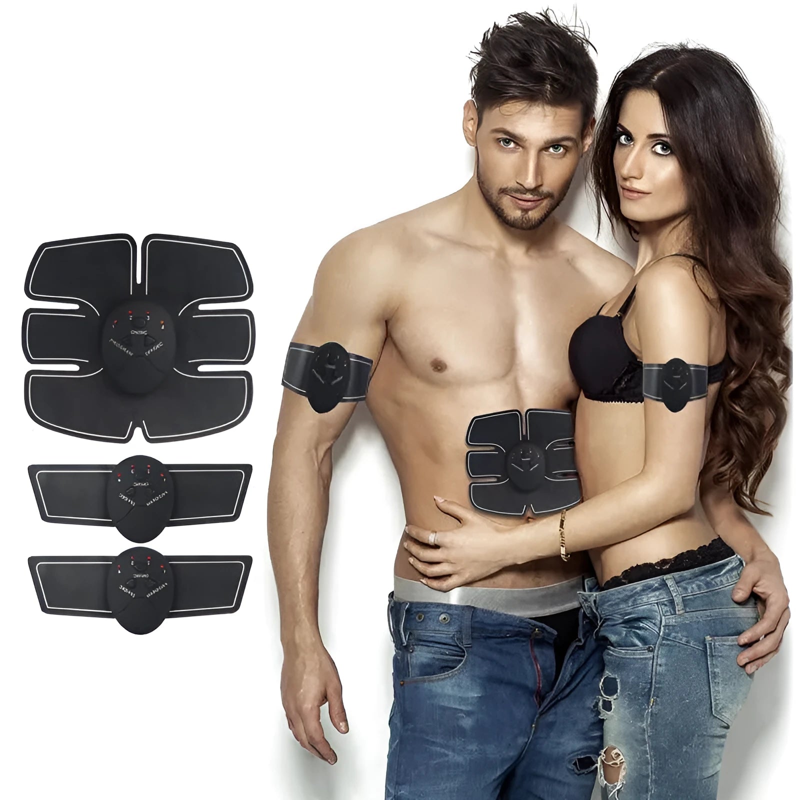 Black smart EMS abdominal muscle toning patch with push-button control and six modes for core strengthening