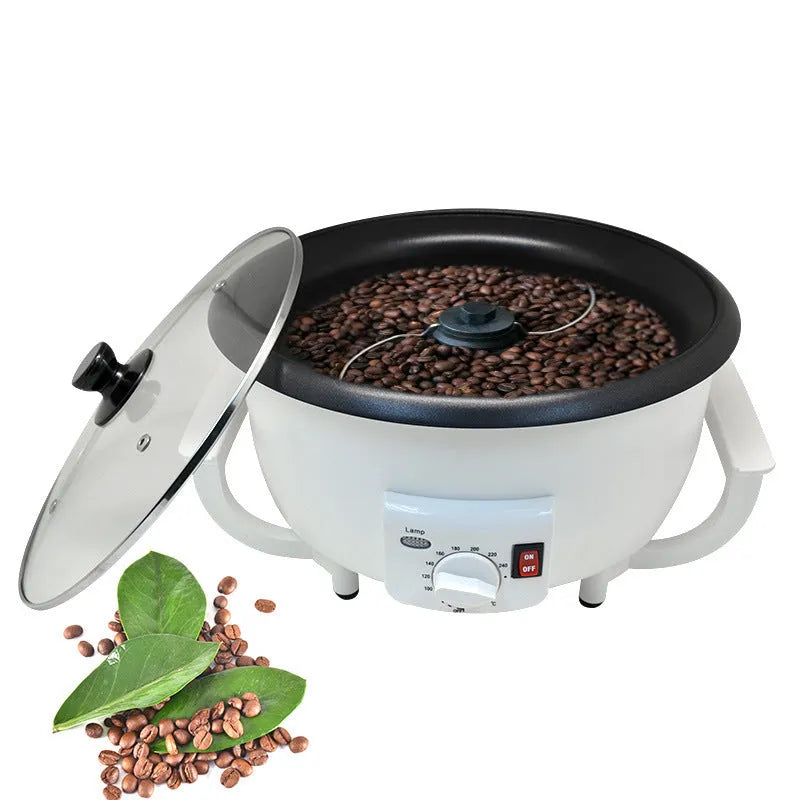 White oblate coffee bean roasting machine with 750g capacity and 225mm base diameter