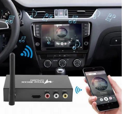 Black car Wi-Fi mirror link box converter with power cable, AV cable, antenna, and manual.