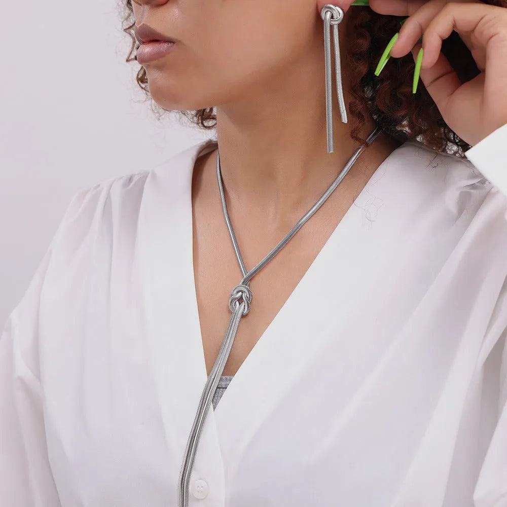 Gold knotted tassel pendant necklace with snake chain and matching earrings set