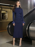 Slim-fit navy blue polyester long sleeve dress with pearl stand collar and ruffle details for women's workwear