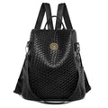 Women's large capacity anti-theft backpack in black PU material with contrast stitching and woven accents for travel