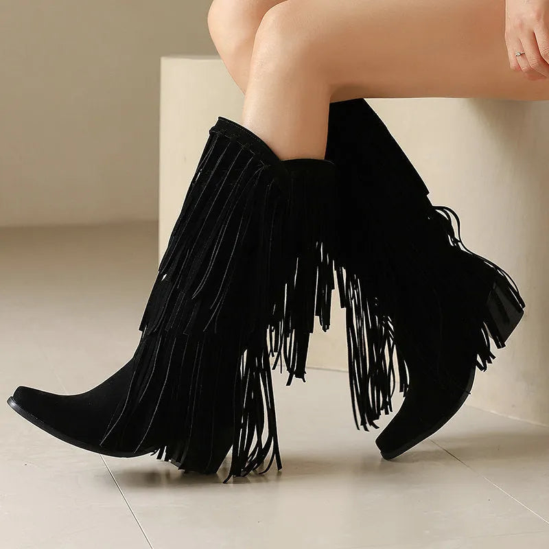 Women's suede mid-calf boots with chunky heel and tassel detail in beige colour