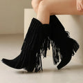 Women's suede mid-calf boots with chunky heel and tassel detail in beige colour