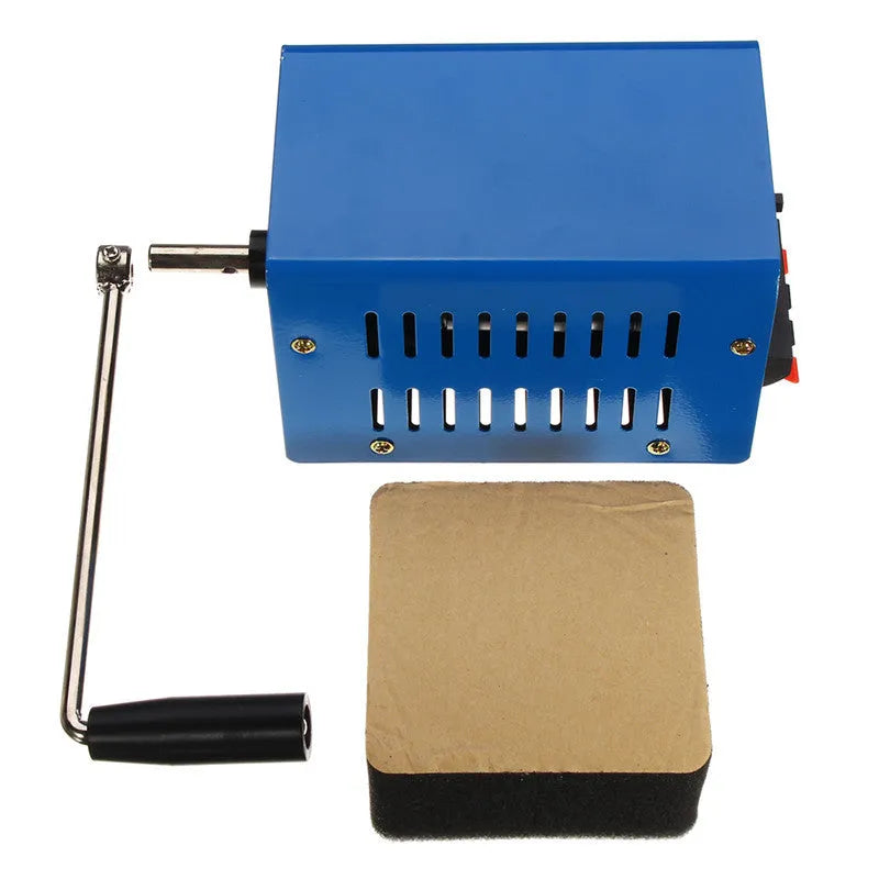 Blue metal hand crank emergency power generator with USB port, shown with user manual.