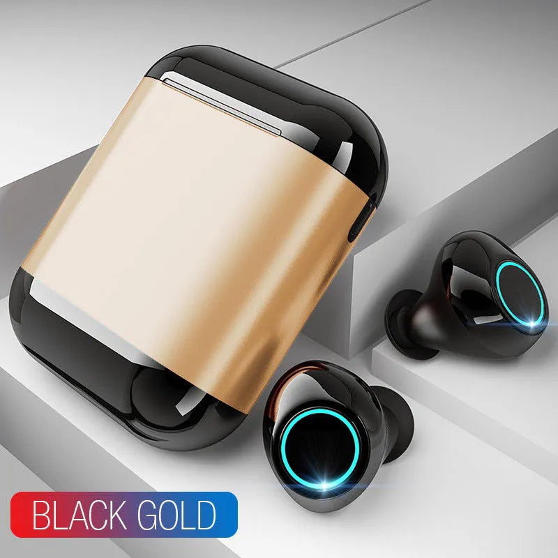 Black TWS wireless Bluetooth earbuds with charging case.