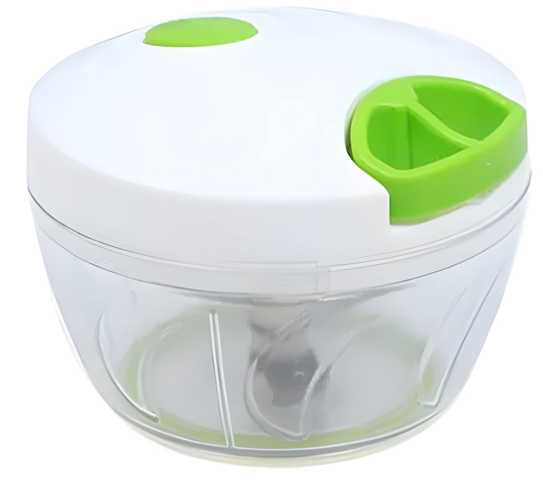 Green manual kitchen chopper with three stainless steel blades and a 500ml clear container.