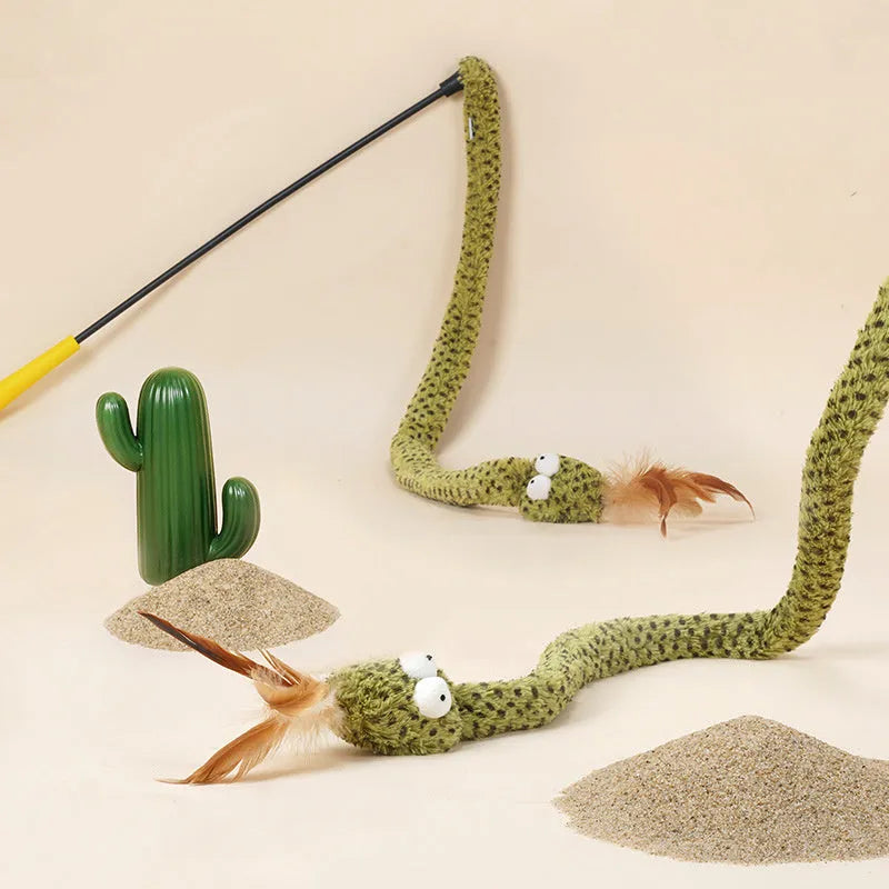 Green snake cat teasing stick toy with feather attachment on 140 cm pole
