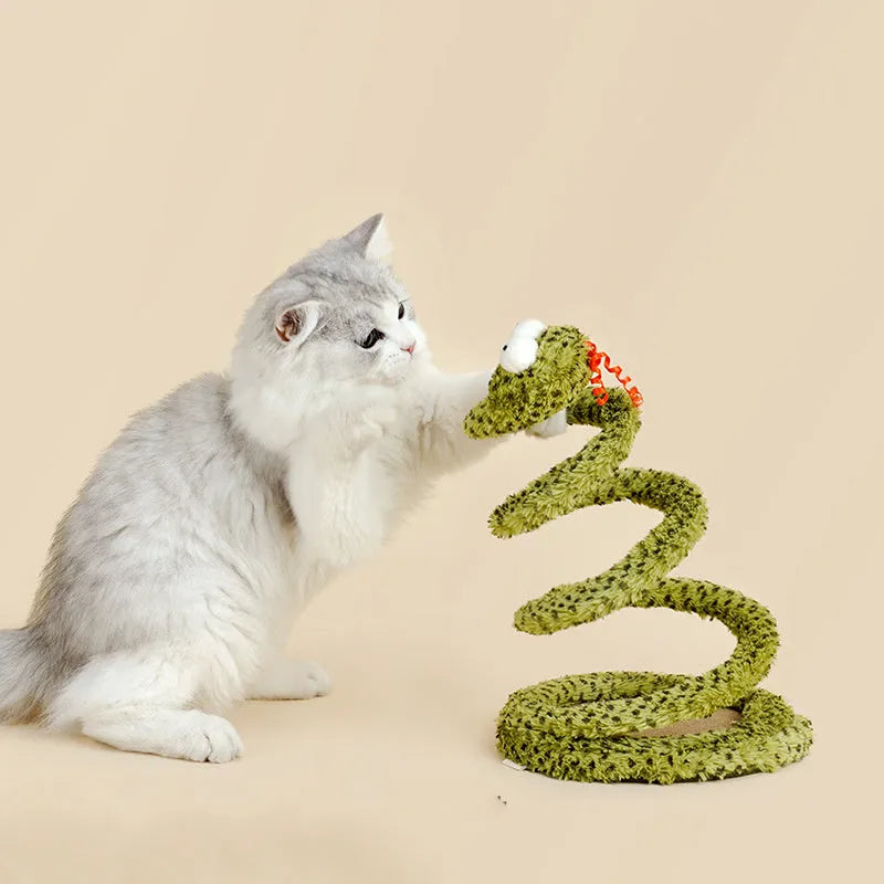 Green snake cat teasing stick toy with feather attachment on 140 cm pole