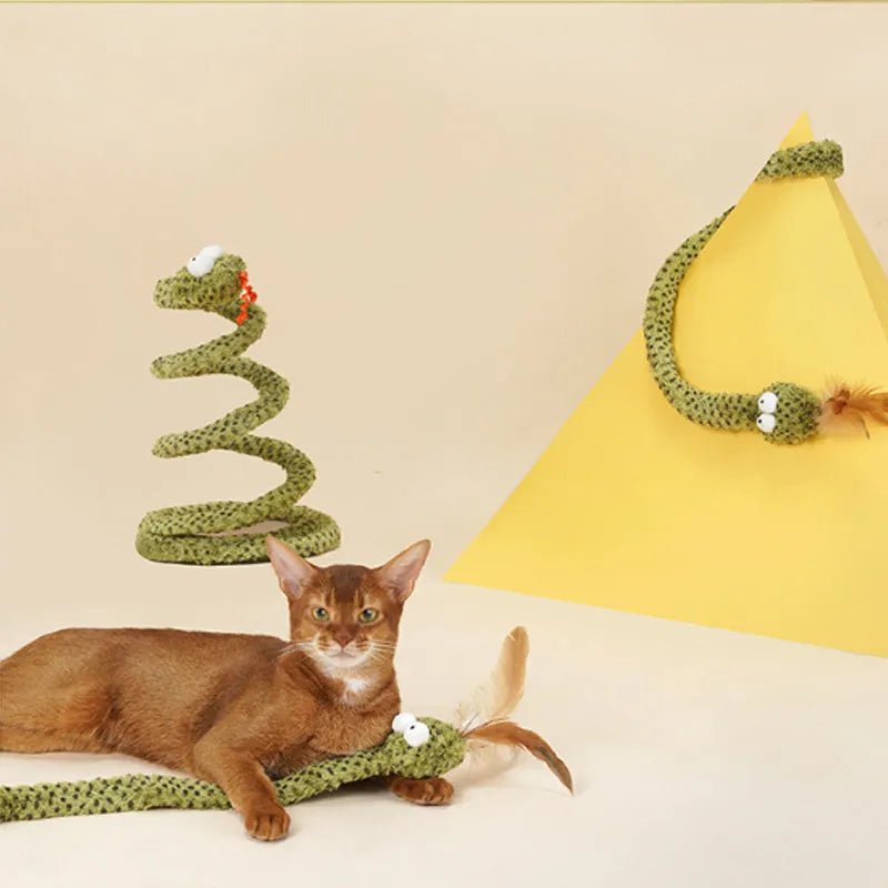Green snake cat teasing stick toy with feather attachment on 140 cm pole