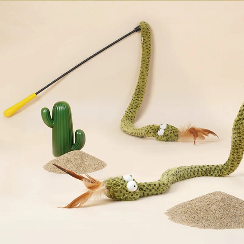 Green snake cat teasing stick toy with feather attachment on 140 cm pole