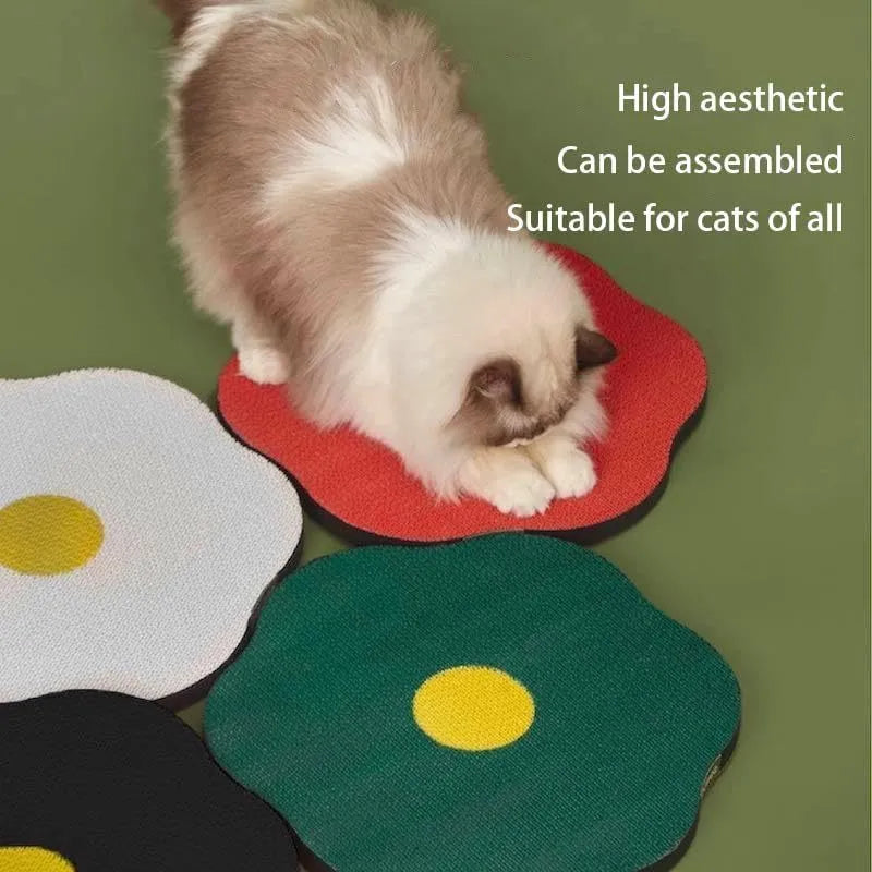 Grey wall-mounted cat scratching board with corrugated surface attached to a door using adhesive