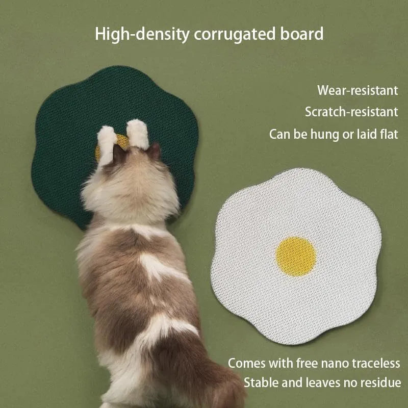 Grey wall-mounted cat scratching board with corrugated surface attached to a door using adhesive