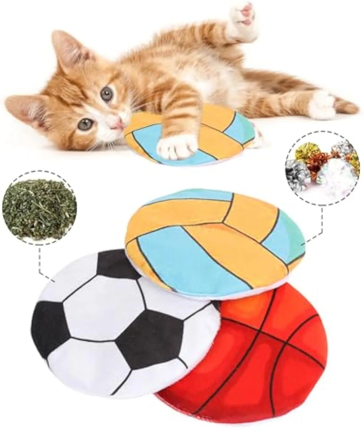 Small, flat, plush flying disc cat toy with a sport ball pattern, containing catnip and a crinkle sound element.