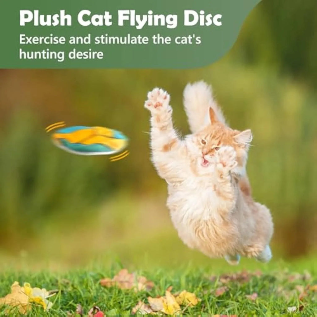 Small, flat, plush flying disc cat toy with a sport ball pattern, containing catnip and a crinkle sound element.
