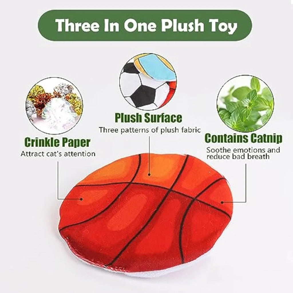 Small, flat, plush flying disc cat toy with a sport ball pattern, containing catnip and a crinkle sound element.