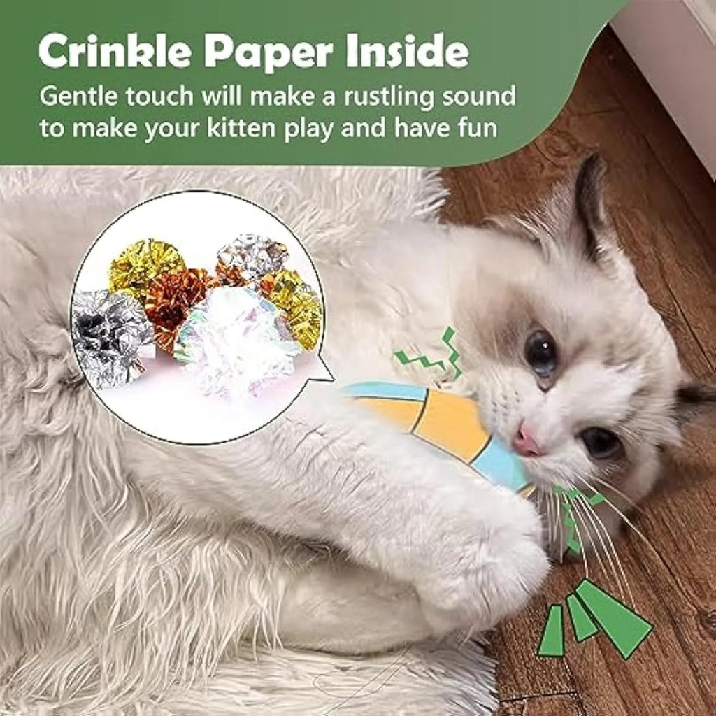 Small, flat, plush flying disc cat toy with a sport ball pattern, containing catnip and a crinkle sound element.