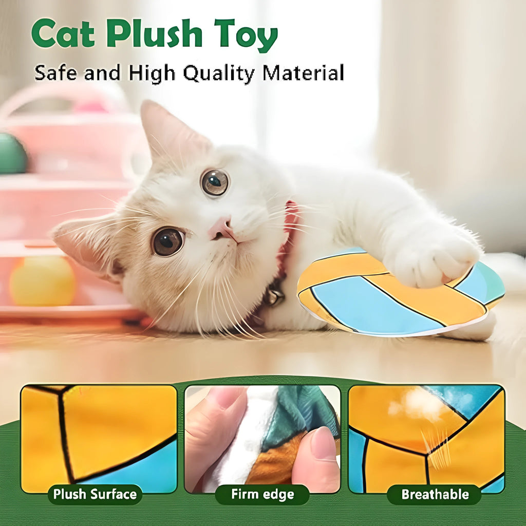 Small, flat, plush flying disc cat toy with a sport ball pattern, containing catnip and a crinkle sound element.
