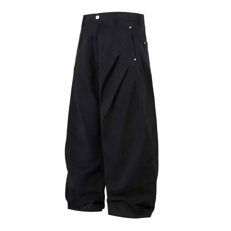 Men's pleated machete casual trousers in black, loose-fitting wide-leg cotton pants with mid waist