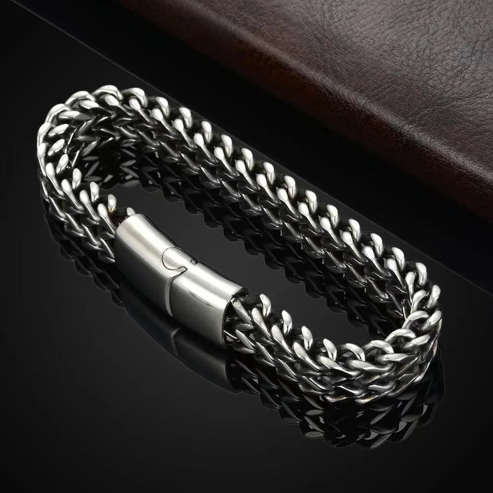 Silver geometric stainless steel men's bracelet with front and back hip hop design