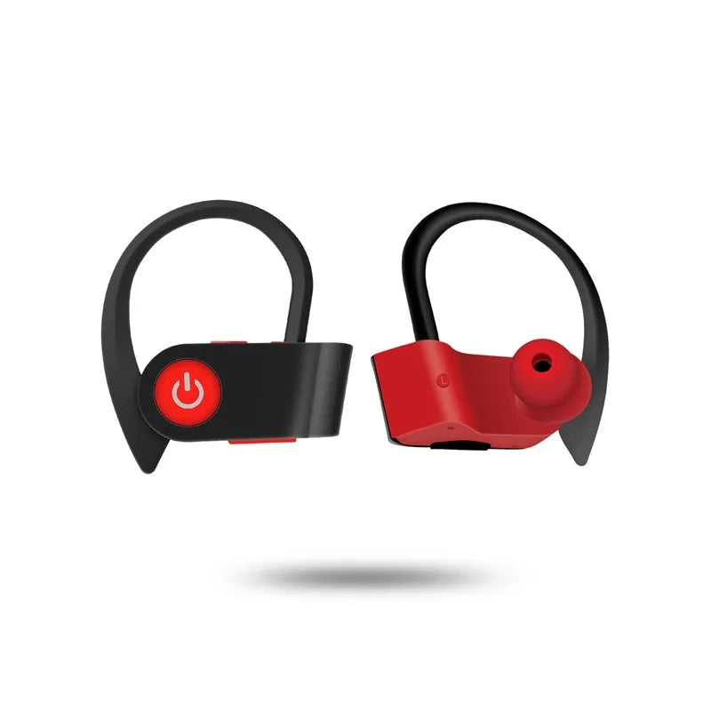 Black wireless Bluetooth earphones with ergonomic design shown on a grey background.