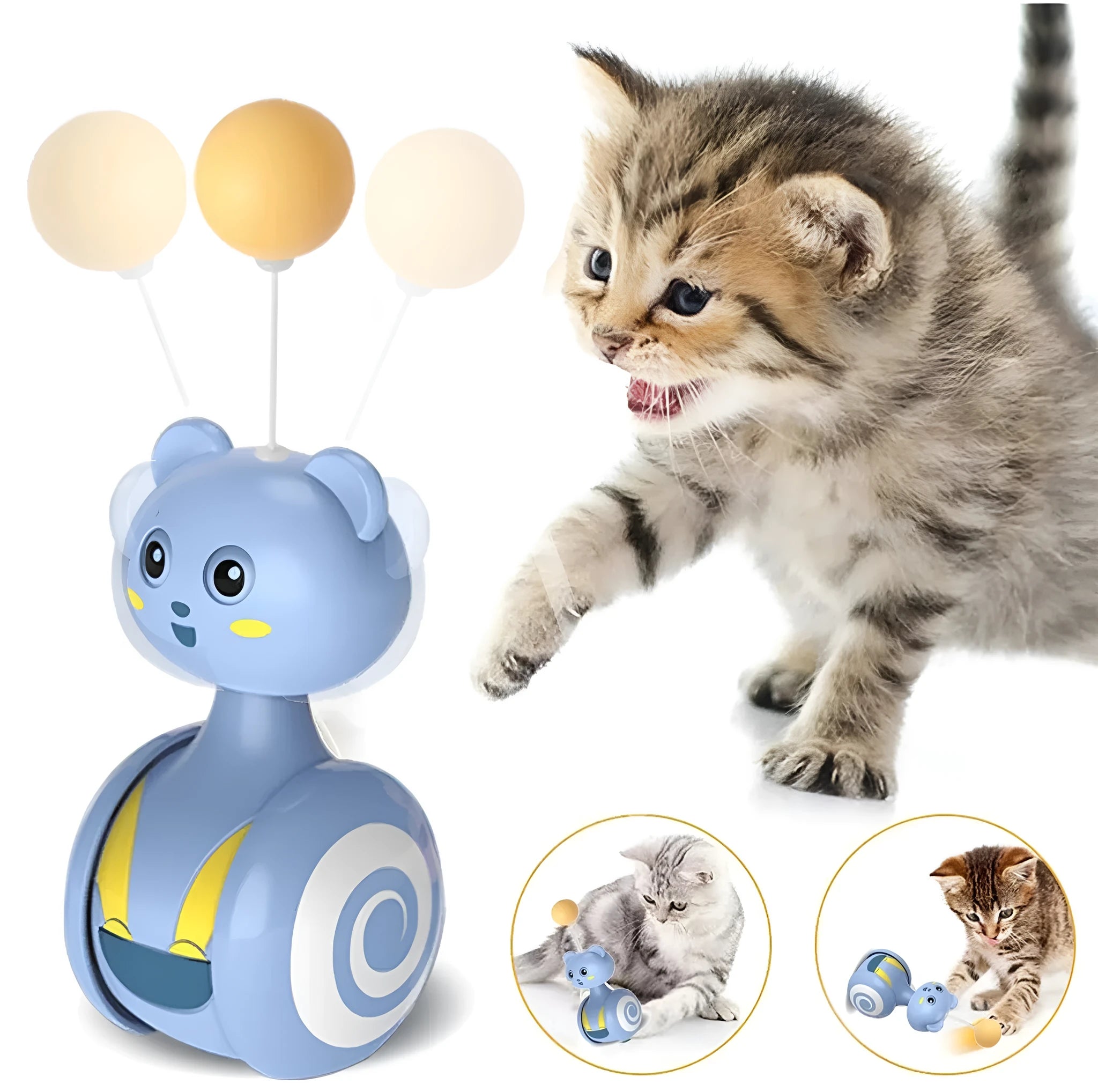 Rotating cat interactive feather wand toy with bumbler design in pink or blue colour options