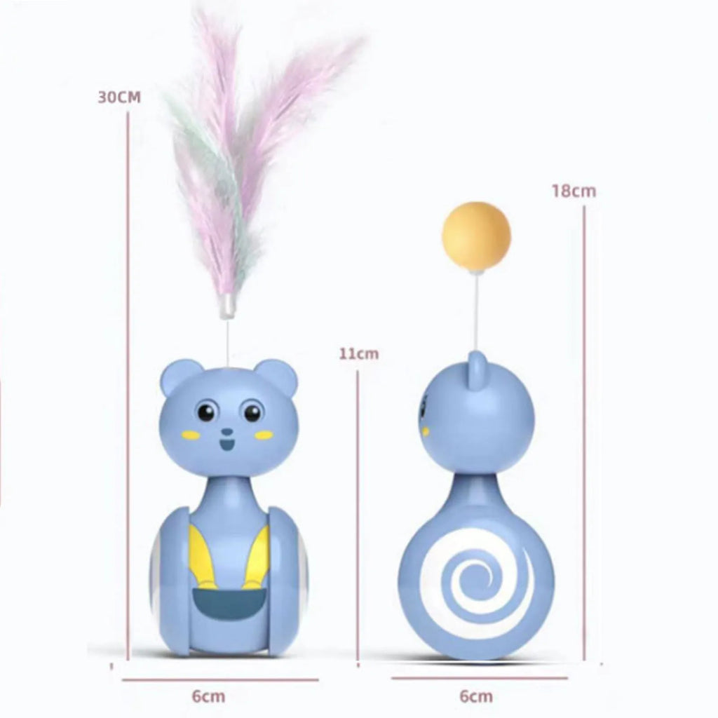 Rotating cat interactive feather wand toy with bumbler design in pink or blue colour options